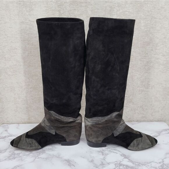 Mario Valentino Vintage 80s 90s Black Gray Tall Pull On Suede Knee High Boots - Picture 3 of 13